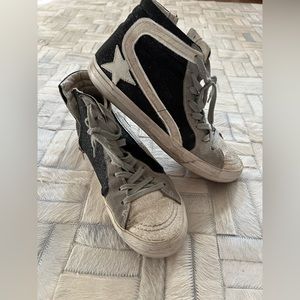 Golden Goose slides with zipper in black/white glitter and gray suede